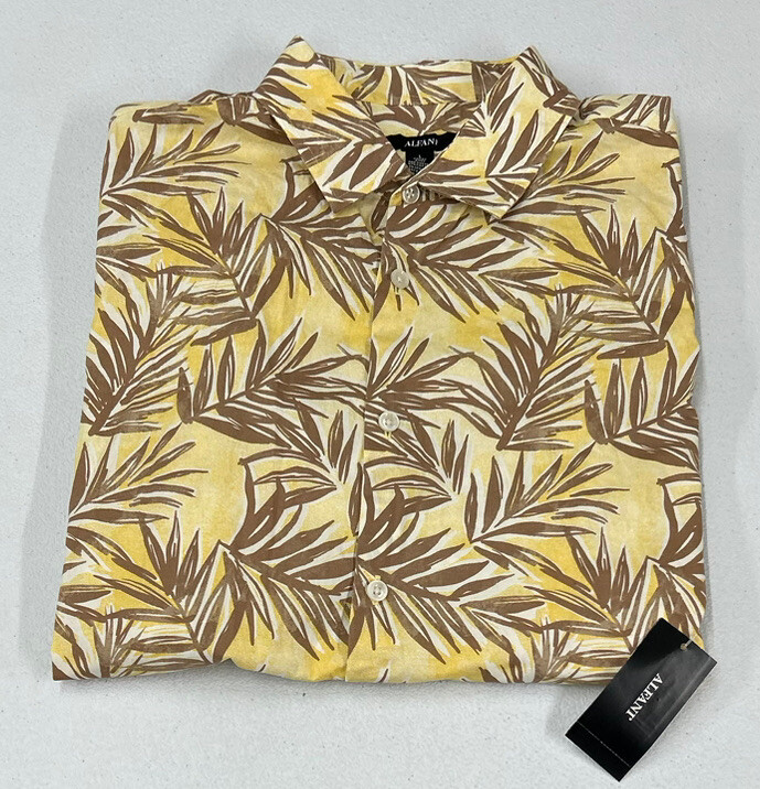 Alfani Mens Barello Leaf Knit Back Short Sleeve Button Down Shirt, Yellow CBO, L