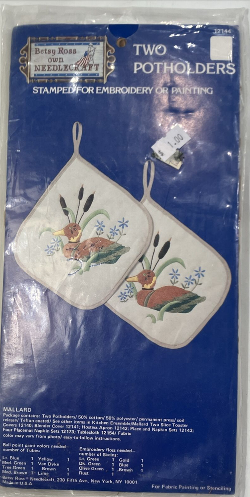 DIY Potholders Mallard Stamped Embroidery Painting Craft Kit Duck Made in USA