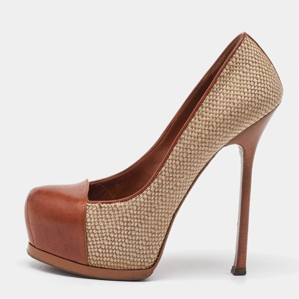 Yves Saint Laurent BeigeBrown Jute and Leather Tribtoo Platform Pumps Size 385