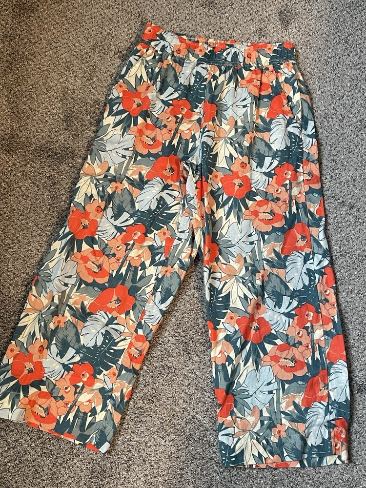 C&C California S Palazzo Cropped Linen Pants Floral Loose SMALL Tropical Coastal