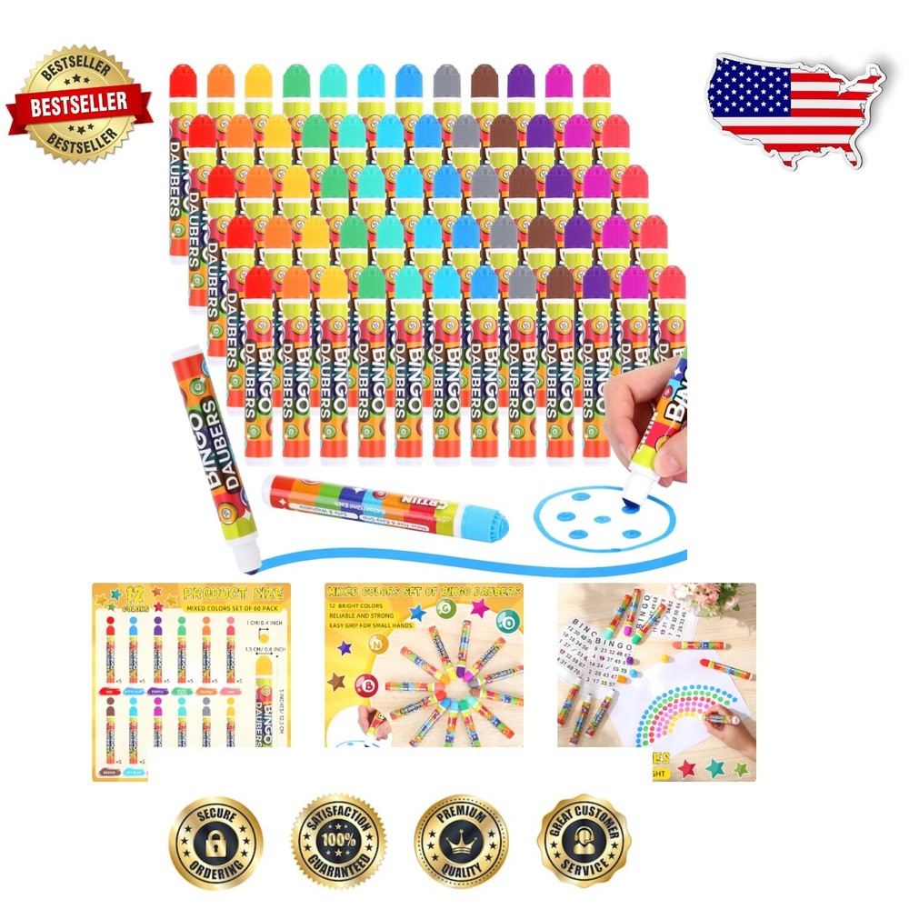 60 Pack Bingo Daubers in 12 Vibrant Colors - Perfect Crafting Markers