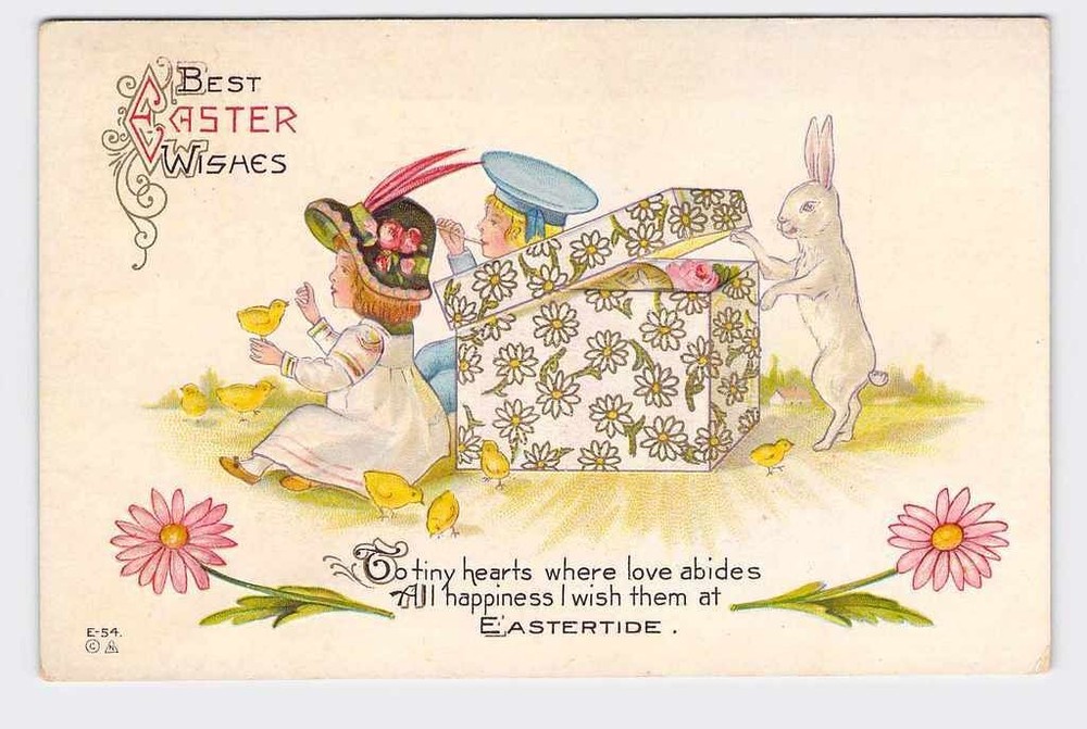 Holiday Postcard Easter Children Rabbit Opens Box Chicks Daisies Embossed Best E