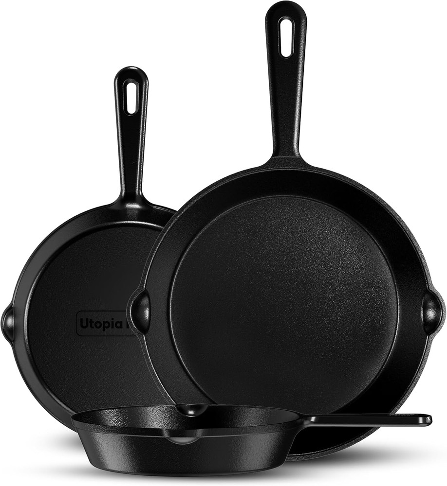 Cast Iron Skillets 3 Piece Set, Chefs Pan, Pre Seasoned Cast Iron Skillets, 6, 8
