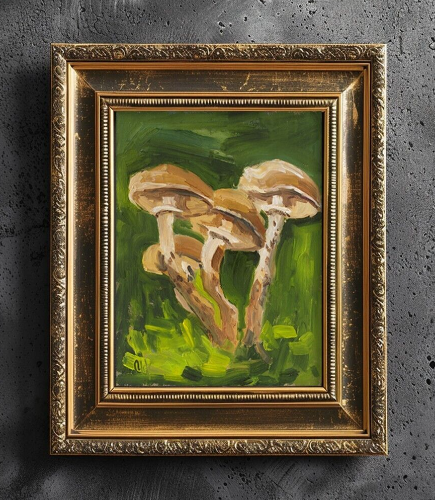 Mushroom Oil Painting Honey Fungus Original Wall Art Forest Artwork Small Wall