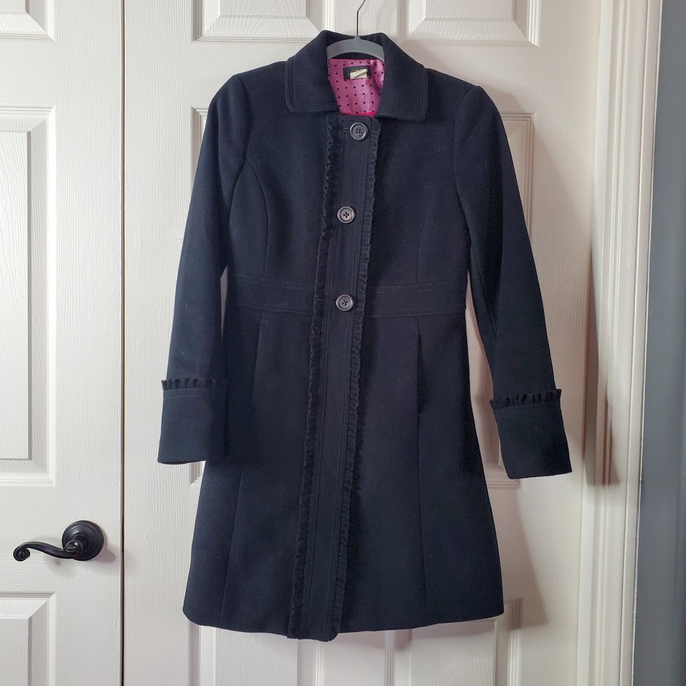 J. Crew 100% Wool Black Ruffle Button Front Winter Coat Size 0 Jacket Peacoat