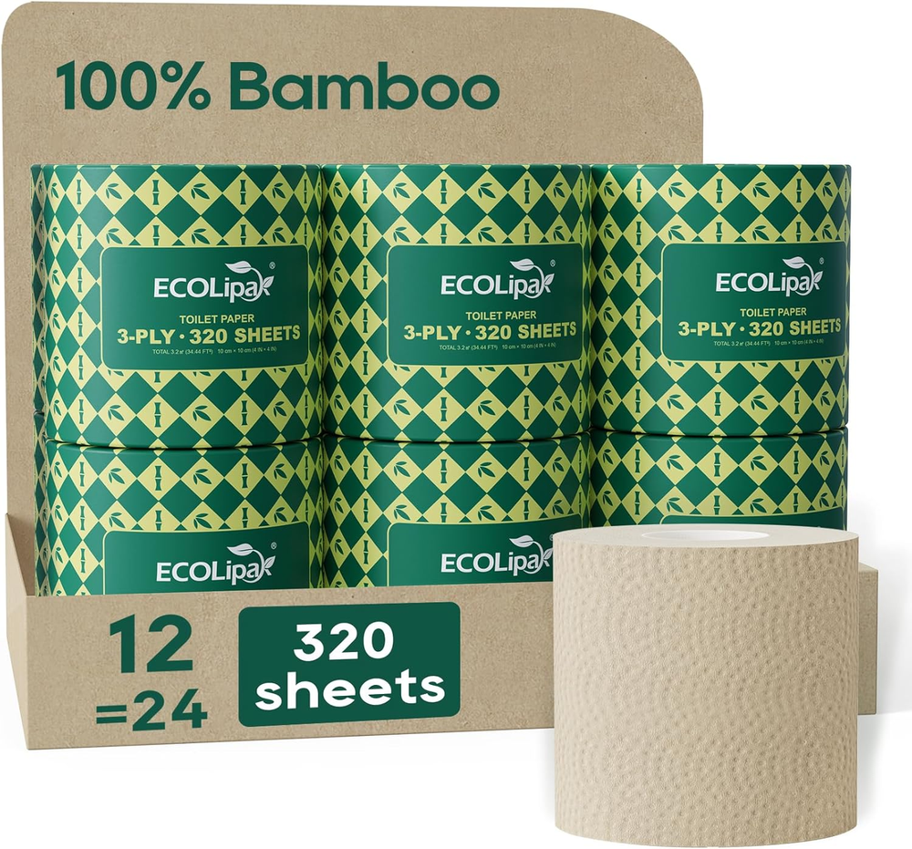 Bamboo Toilet Paper 3 Ply, Septic Safe Toilet Tissue, 12 Double Rolls, 320 Sheet
