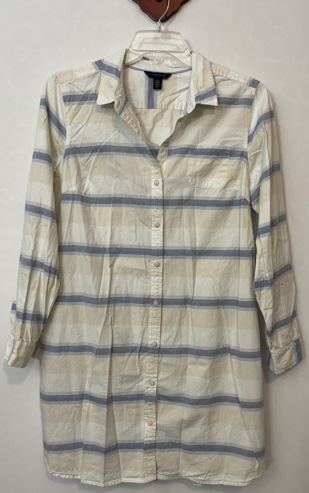 Tommy Hilfiger Womens XL White Striped Cotton Button-Up Shirt Dress A6643