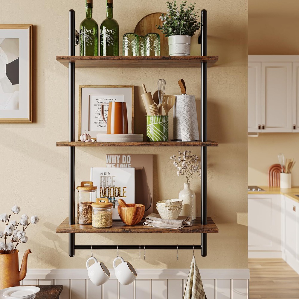3 Tier Industrial Pipe Shelving, Floating Kitchen Shelves for Wall, Storage C...