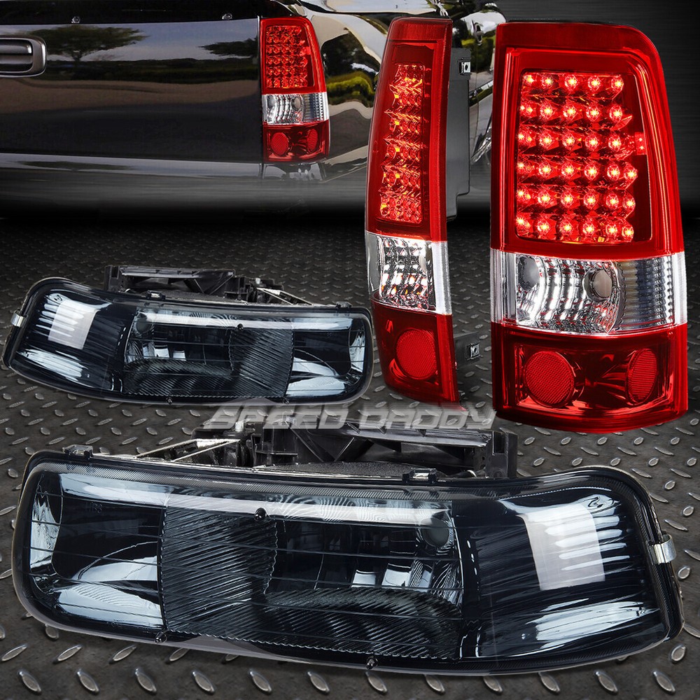 SMOKE CRYSTAL HEADLIGHT+CHROME RED LED REAR TAIL LIGHT FOR 99-02 CHEVY SILVERADO
