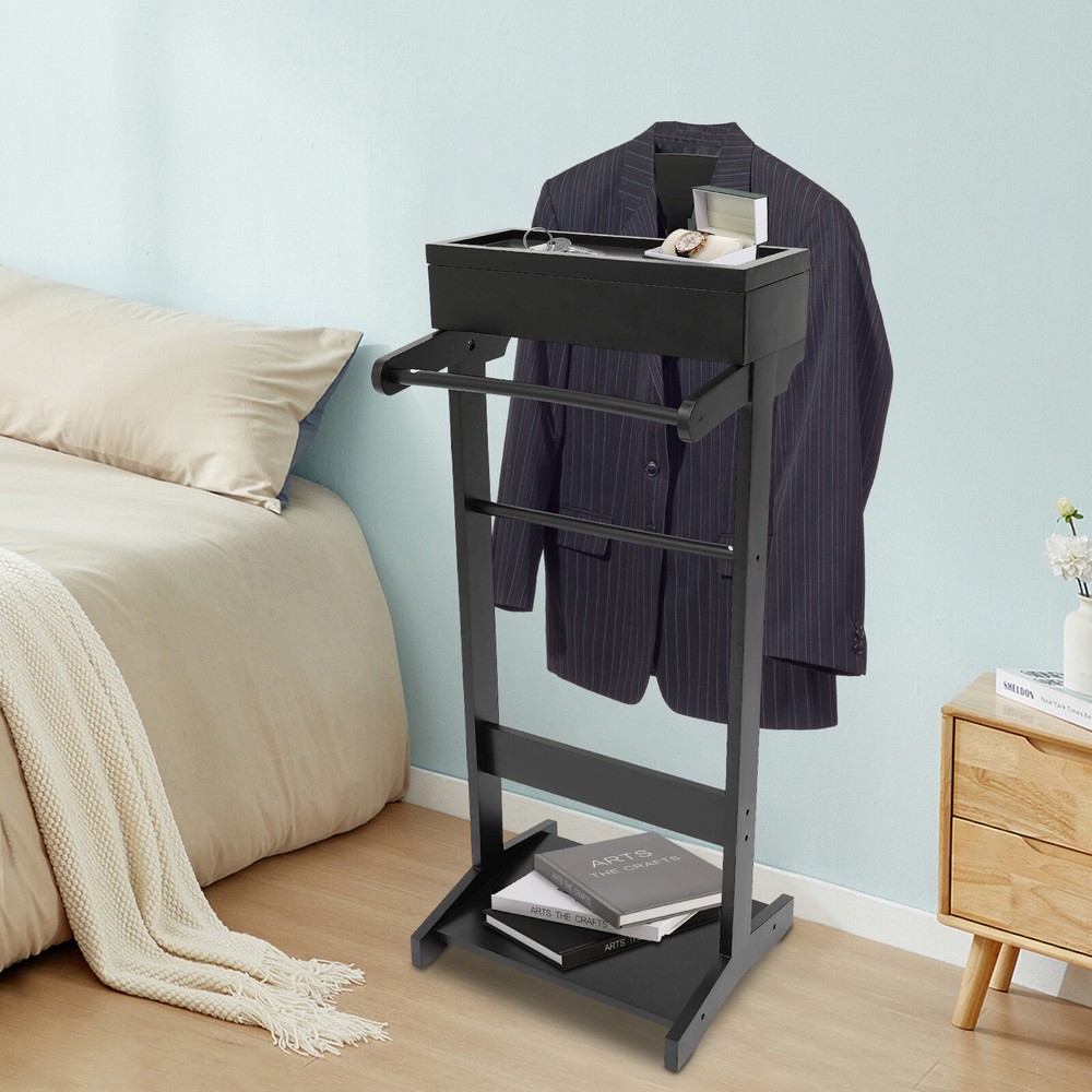 Black Suit Valet Stand with Coat Hanger and Shoe Organizer Storage Rack