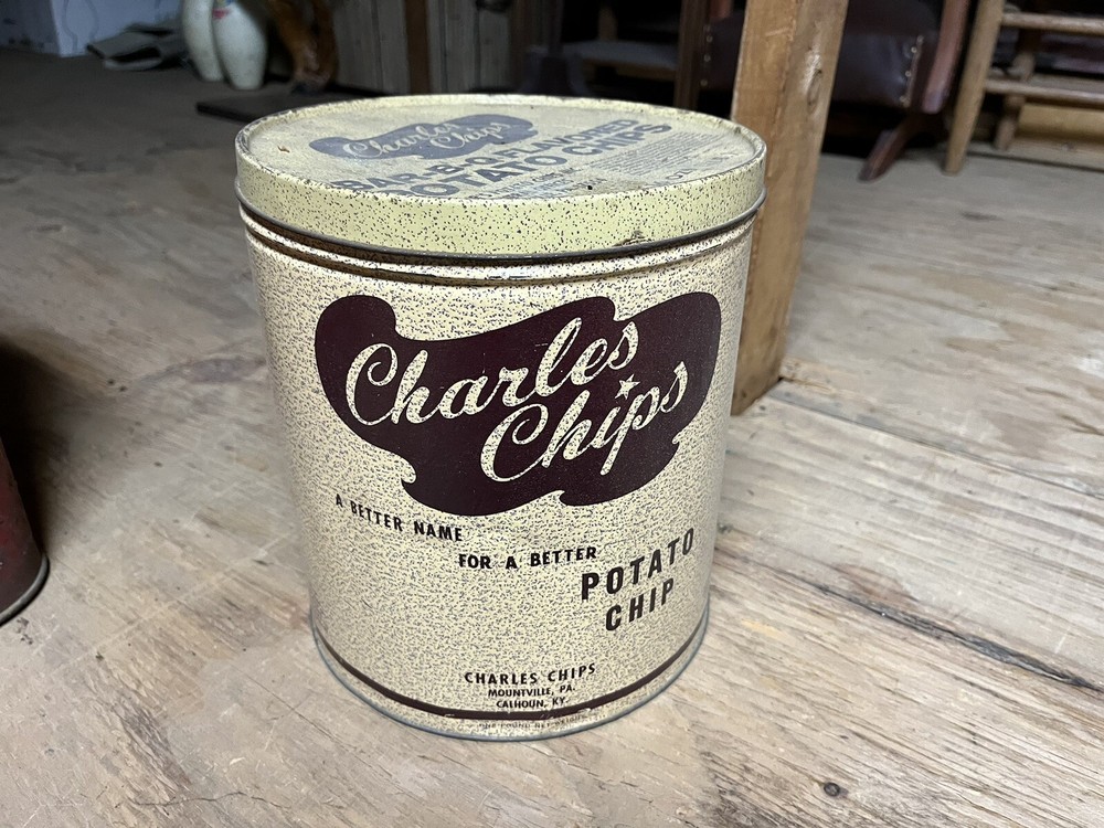 VTG Charles Chips Round Metal Tin Can With Lid 16 oz. Collectors Item 1/14/25 C