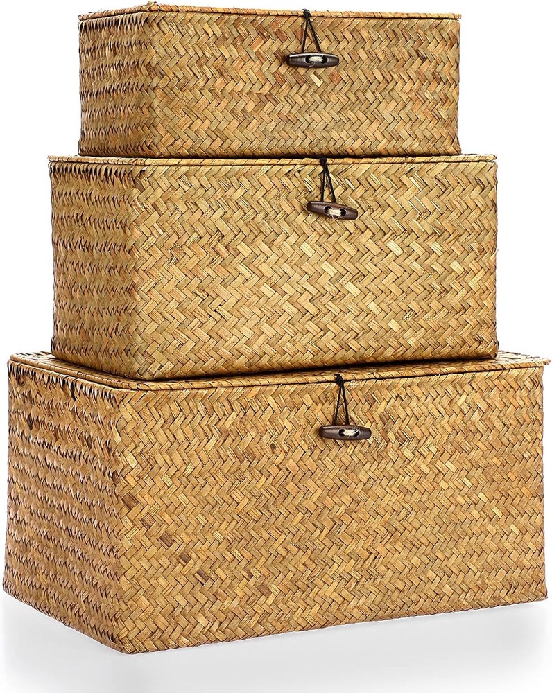Set of 3 Wicker Storage Basket Bin with Lid - Large Handwoven Natural Seagrass S