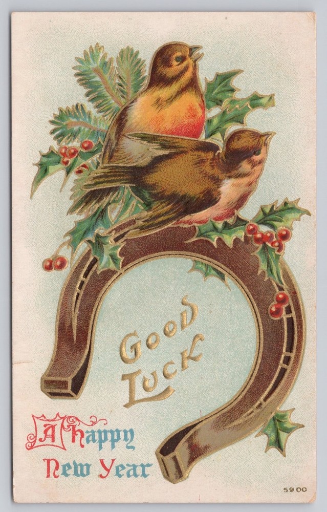 Vintage Good Luck New Year Postcard with Birds & Horseshoe-image