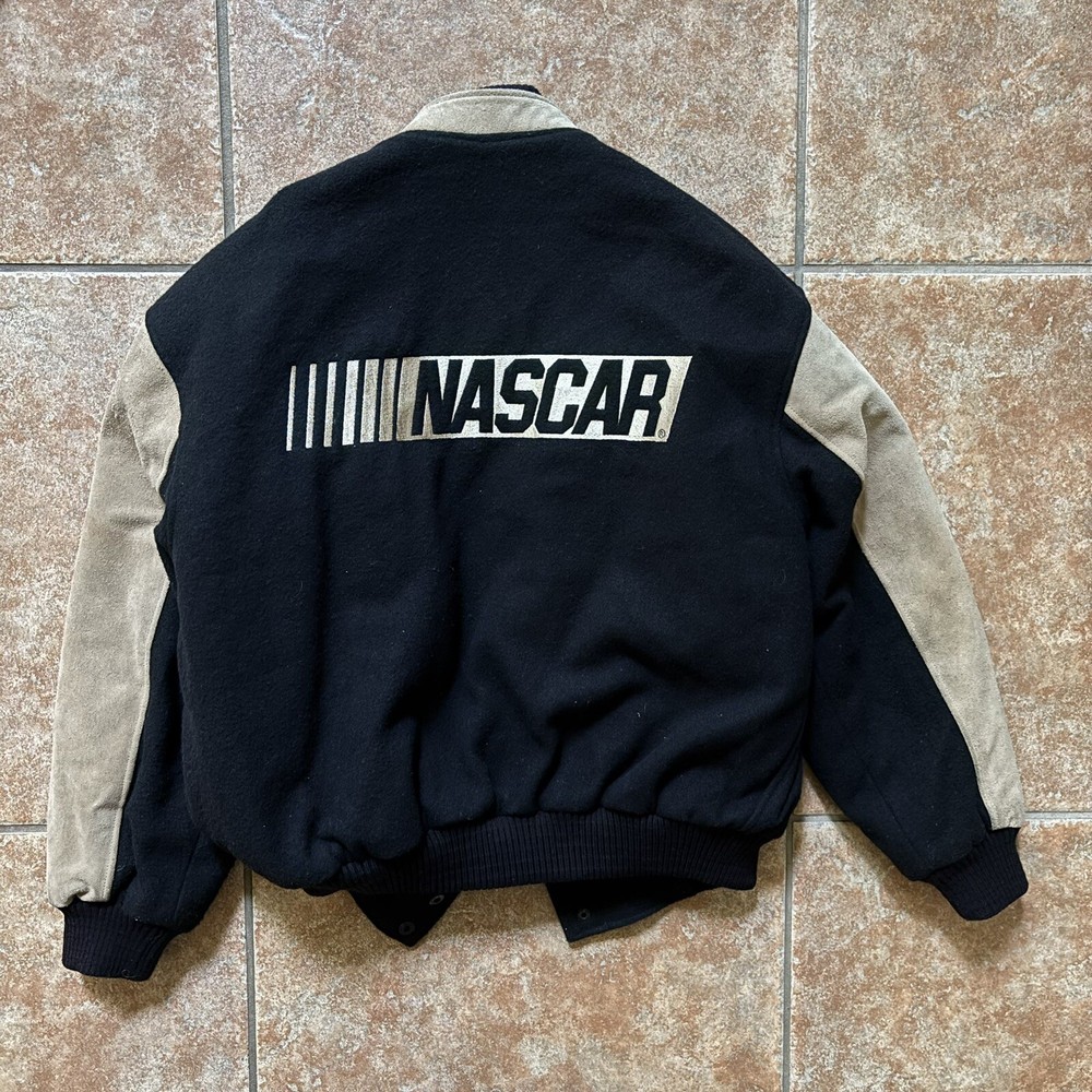 Vintage 90s Black Suede NASCAR Bomber Jacket with Cream Trim