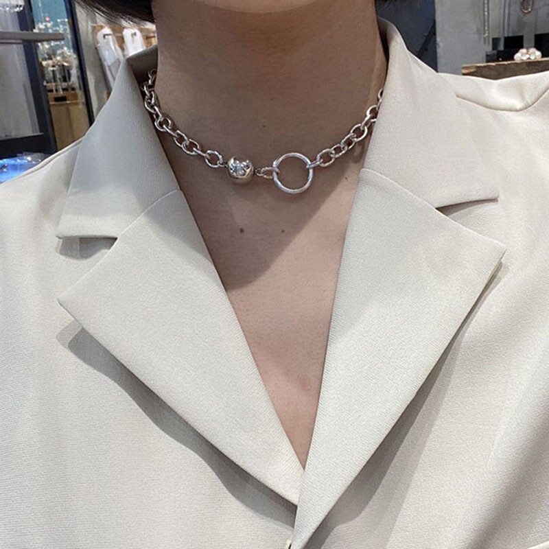 925 Sterling Silver Necklace Rock Vintage Thick Chain Solid Geometric Choker