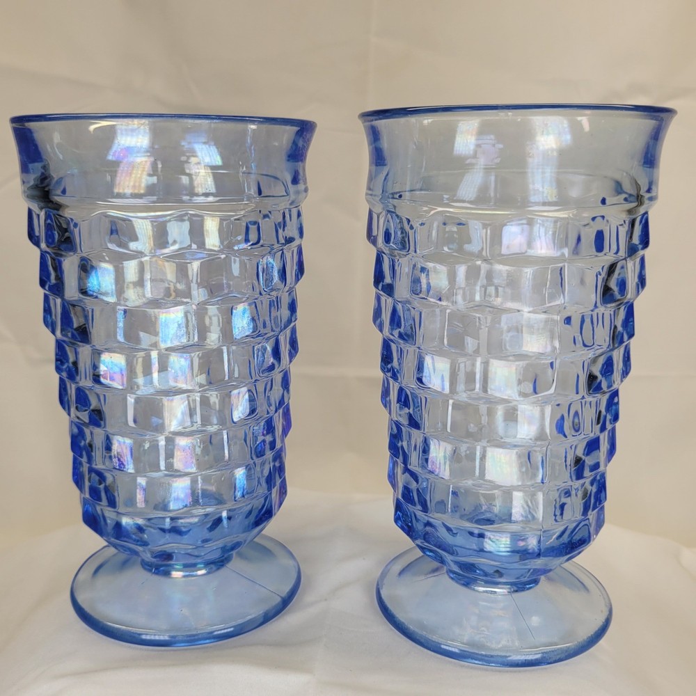 2 Indiana Whitehall Cubist Blue Footed Glass Tumbler Iced Tea Diamond Glasses