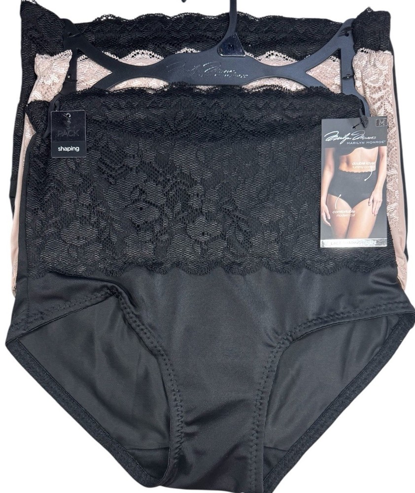 MARILYN MONROE Women’s 3 Pack LACE DOUBLE LAYER FIRM SHAPER BRIEF Beige Black M