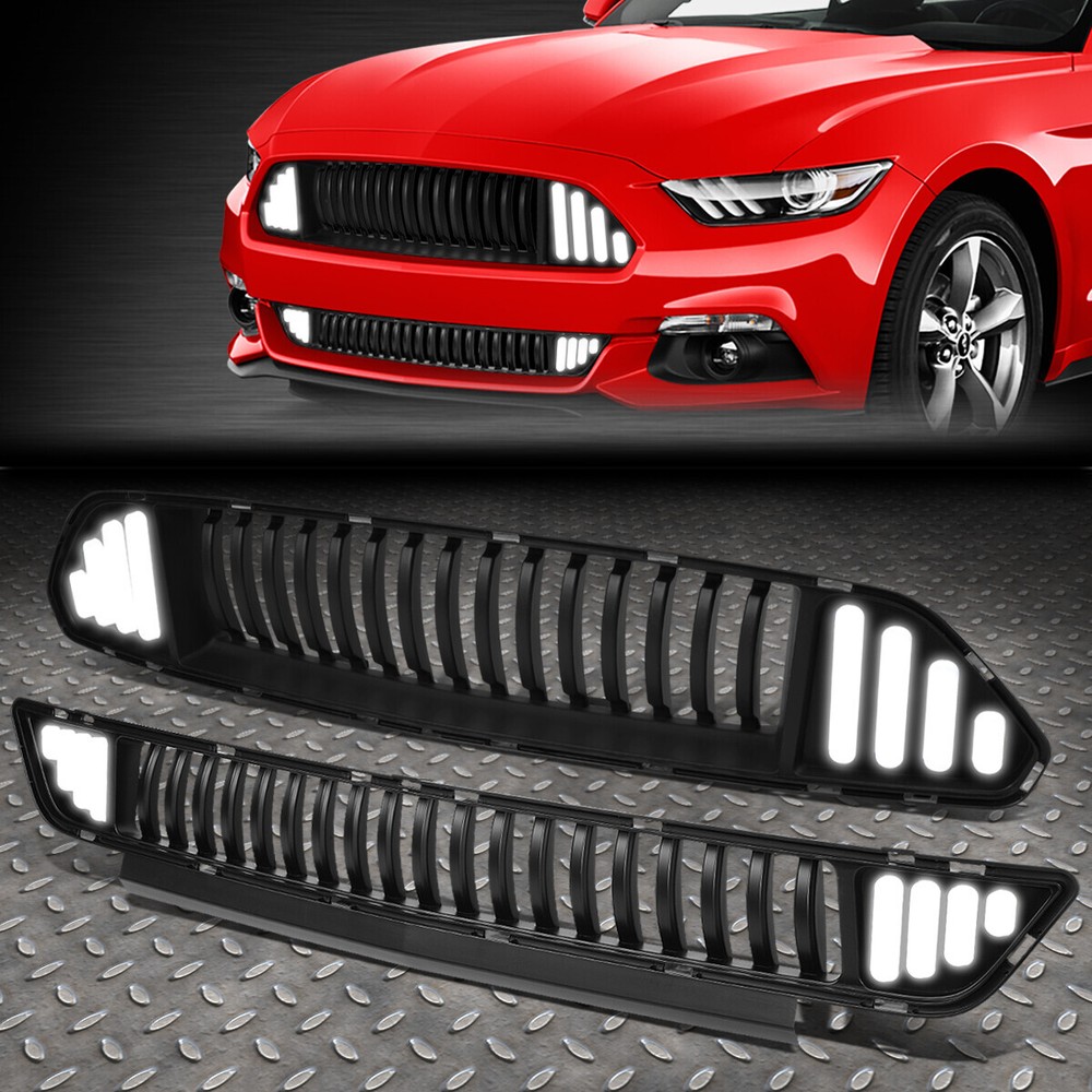 FOR 15-17 FORD MUSTANG BLACK LED DRL VERTICAL FRONT BUMPER UPPER+LOWER GRILLE