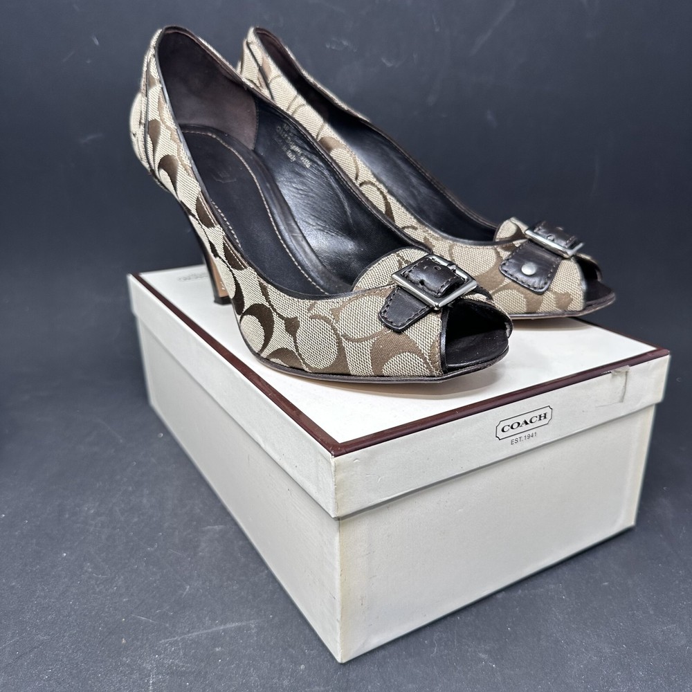 Coach Signature Brown Stiletto Open-Toe Heel Pump Size 10 M