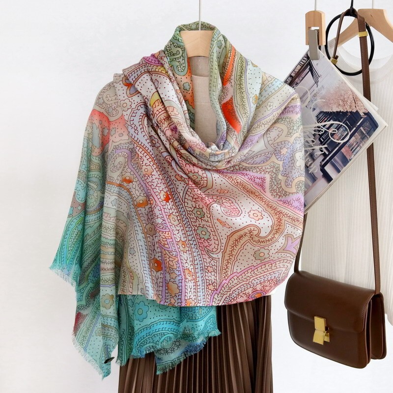 Pure Cashmere Gradient Paisley Scarf Wrap Shawl 78x39 Soft Delicate