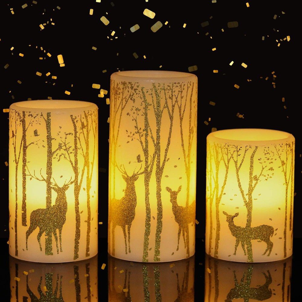 Flameless Flickering Candles with Timer, Battery Operated Real Wax Gold Deer ...