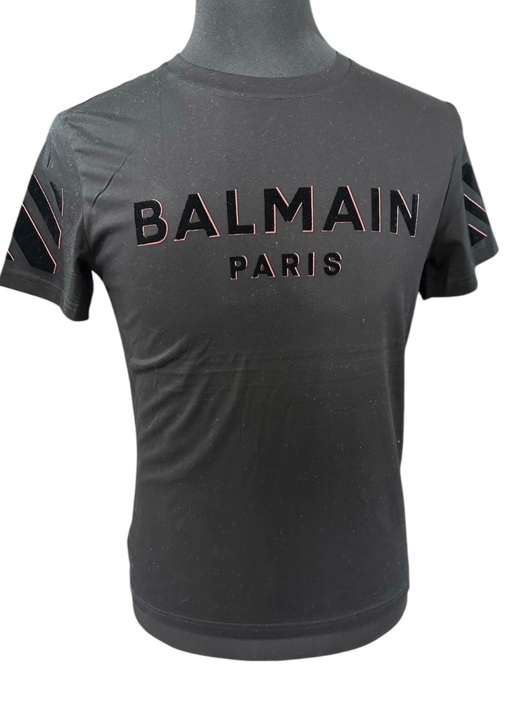 Balmain Velvet Lettered Black T Shirt 4XL