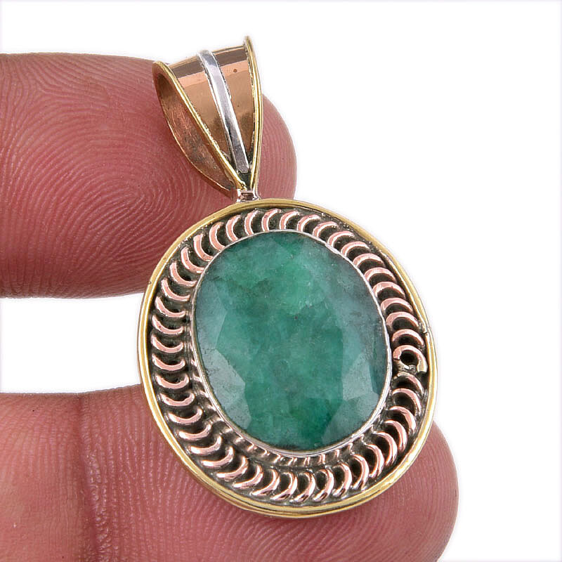 Emerald(Simulated) Handmade 925 Sterling Silver Gift Two Tone Pendant 1.50