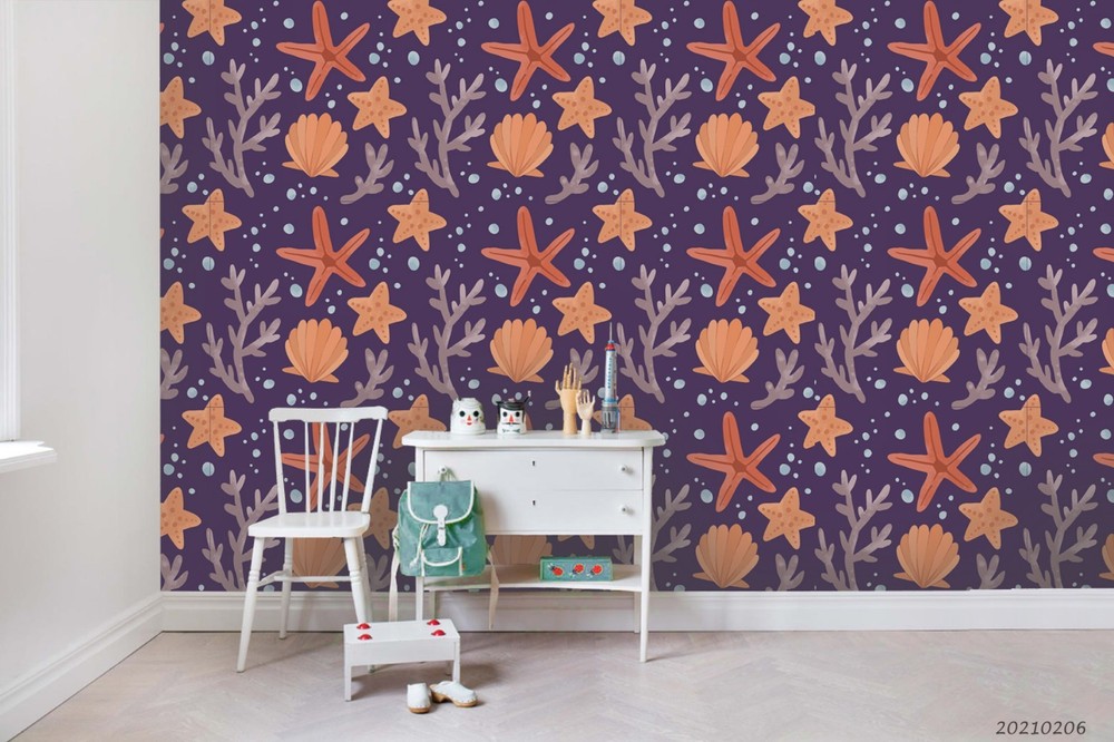 3D Starfish Seashells Seaweed Pattern Wall Murals Wallpaper Murals Wall Sticker