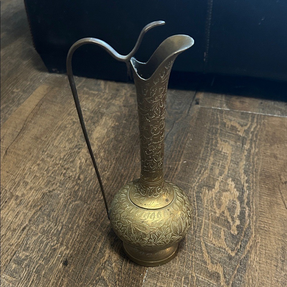 Vintage Ornate Cobra Brass Pitcher Vase Etched Leaf Floral Design India