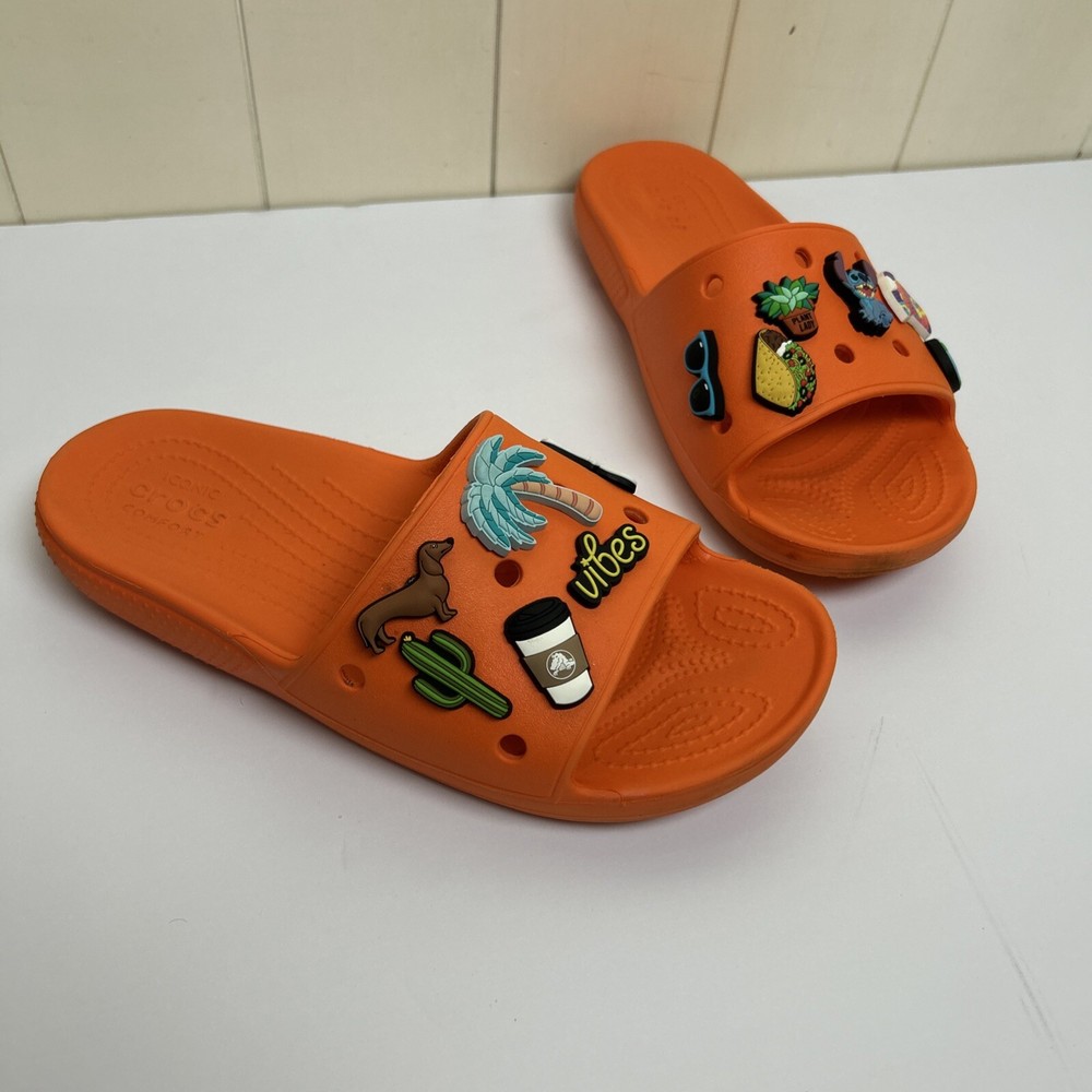 Crocs Iconic Comfort ORANGE Slide Sandal - Size 5 M 7 Women w/ 12 Charms