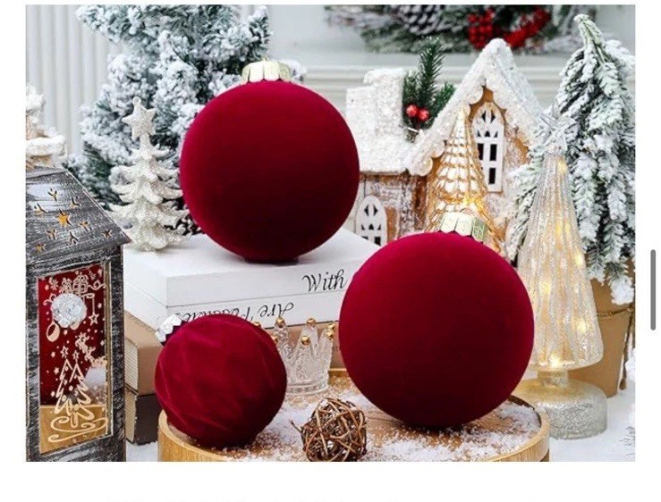 2 Large Wine Red Velvet Christmas Ball Ornaments 5.9 Inch 150mm