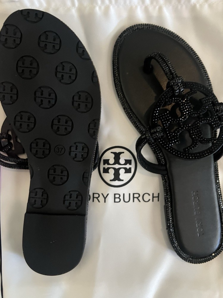 Tory Burch Women's Black Leather Thong Sandals Logo Beaded Size 7 New