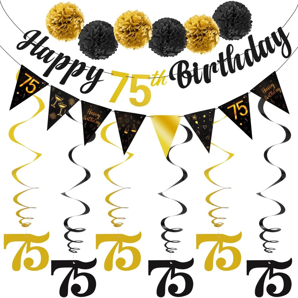 Black Gold 75th Birthday Decorations Kit for Men and Women