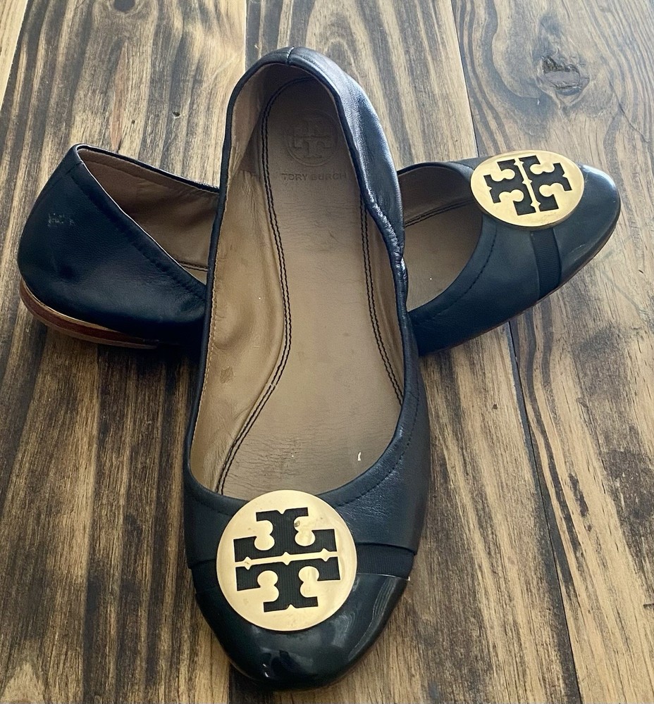 Tory Burch Black Leather Ballet Flats Minnie Gold Logo Embellishment Size 8.5