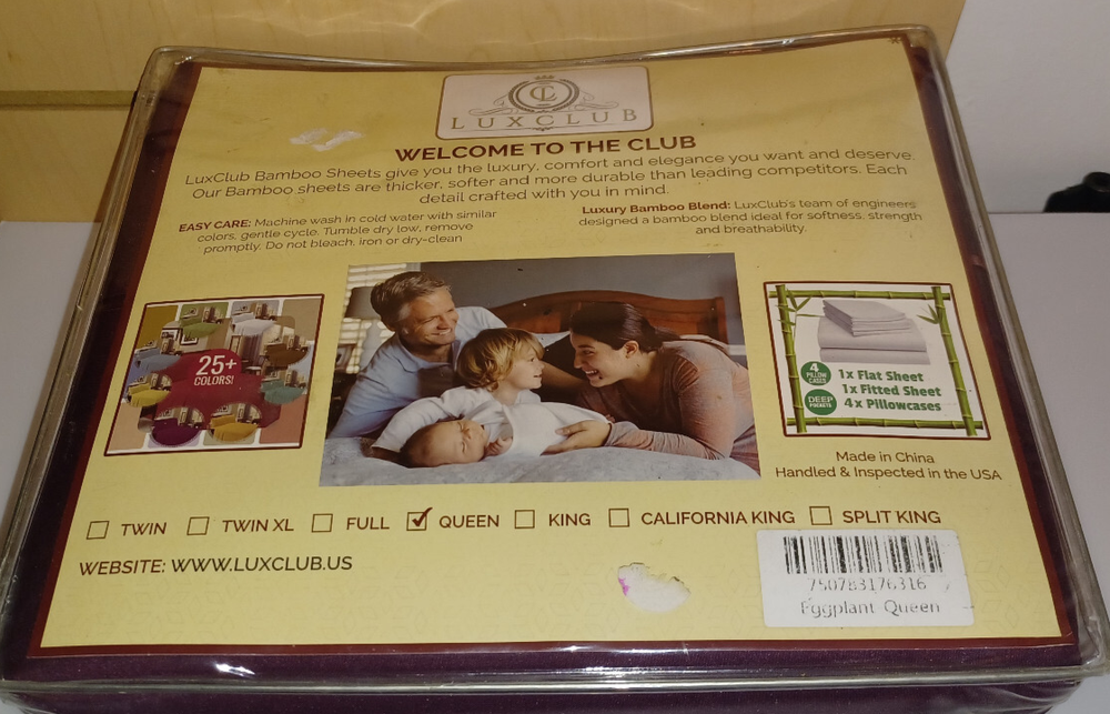 Luxclub Bamboo Queen Sheet Set, Deep Pockets 18 Eggplant purple