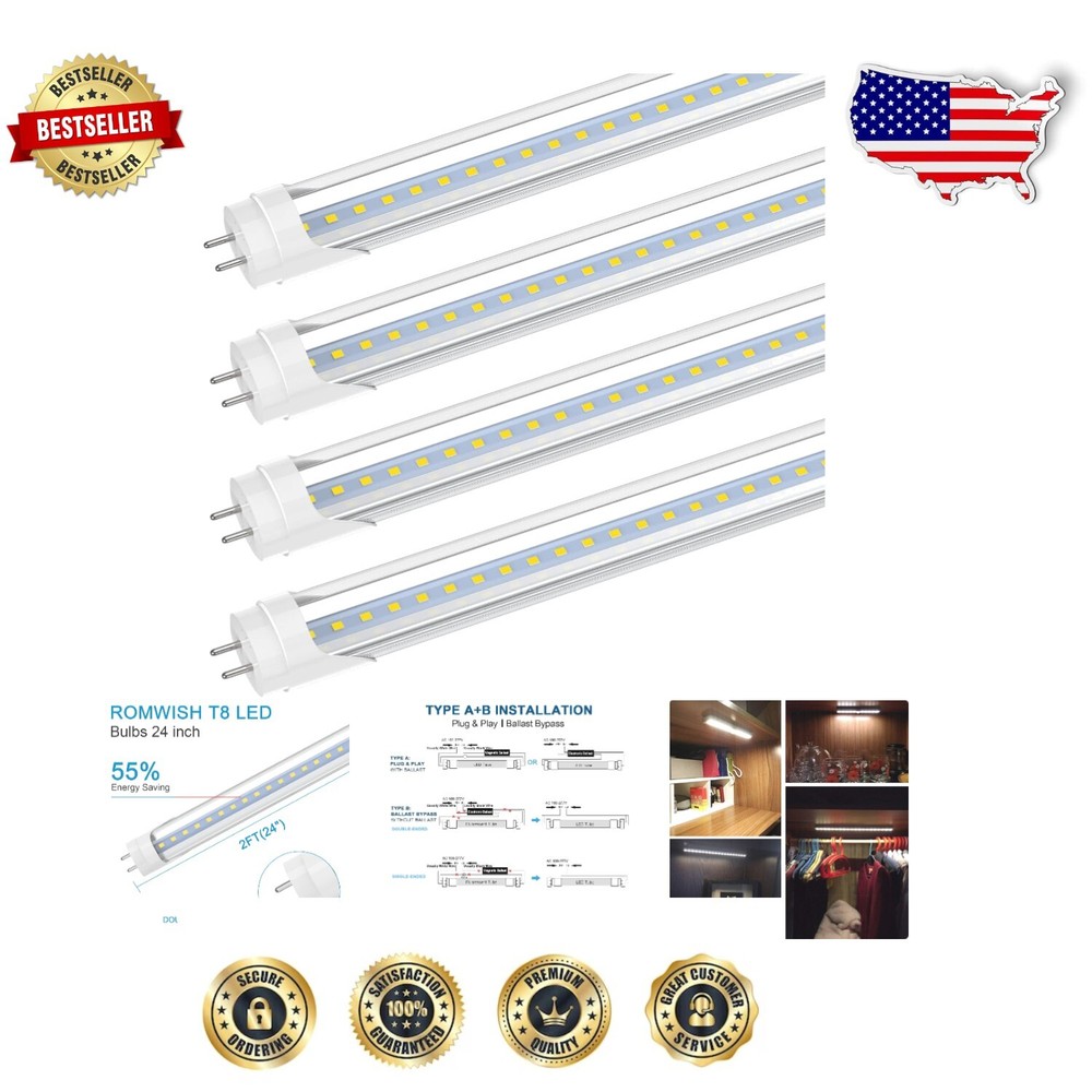 4-Pack 2FT LED Tube Light, 10W Daylight 5000K - Plug & Play or Ballast Bypass