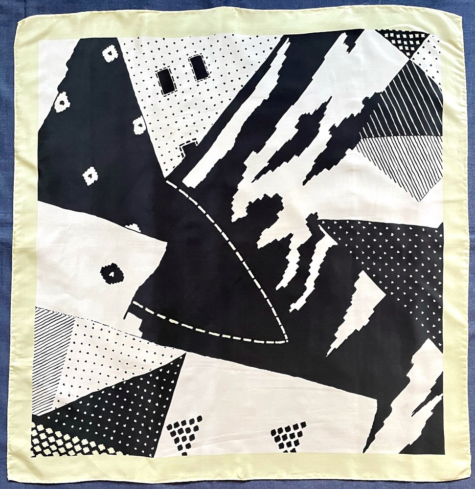 Vintage BRUESTLE abstract art crepe silk scarf in yellow black white