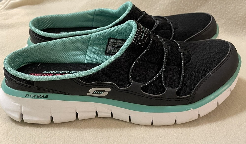 Skechers 11865 Flex Appeal Lightweight Memory Foam Women Sz 9 Black Aqua Slip On