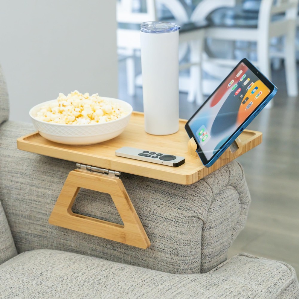Bamboo Clip-On Couch Arm Table with Device Holder for Sofa or Bed