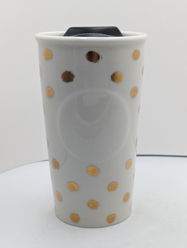 Starbucks Ceramic 2014 Gold Polka Dot Collection Travel Mug Tumbler w Lid 10 oz