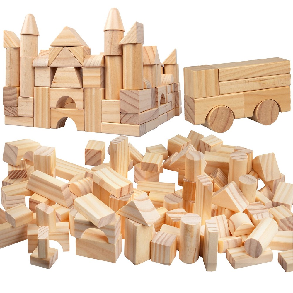 Wooden Blocks Set 100 Pc Natural Colored Wood Building Block Toys 100% Real Wood