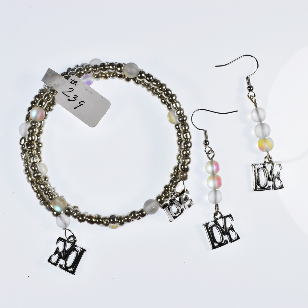 Jewelry Set Bracelet and Earrings White and Silver w/ Love Charm CLEARANCE  SALE-image