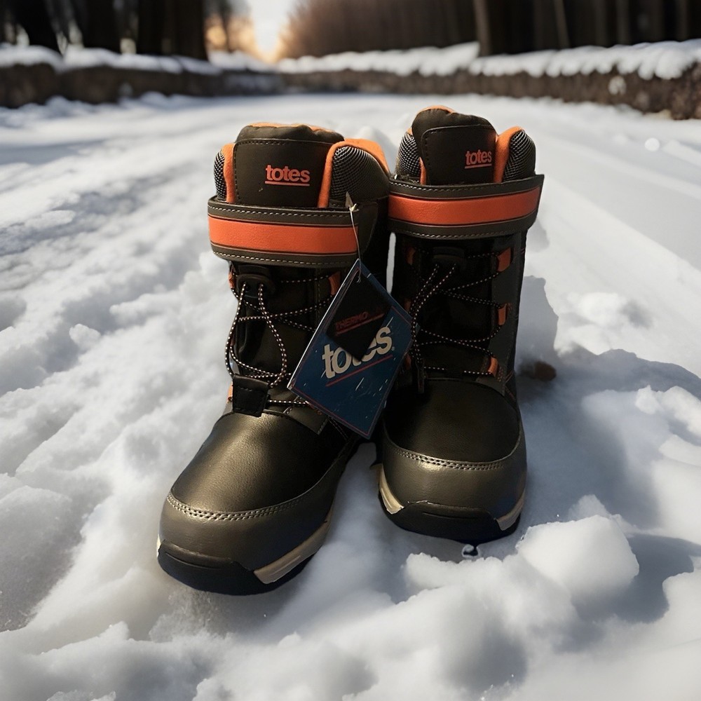 Totes Boys Snow Boots Size 3 Med - Charcoal and Black with Orange Contrast