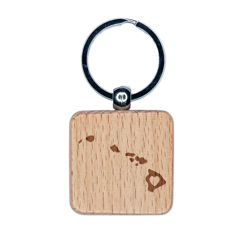 Hawaii State Heart Engraved Wooden Square Keychain Charm  