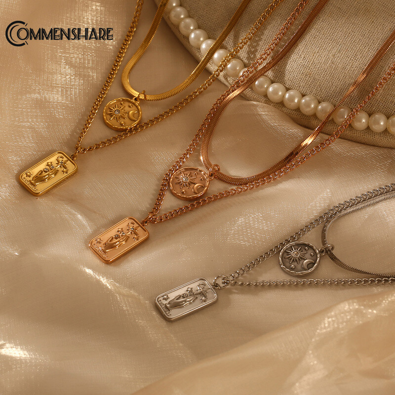 Star moon titanium steel double layer wear square brand collarbone necklace