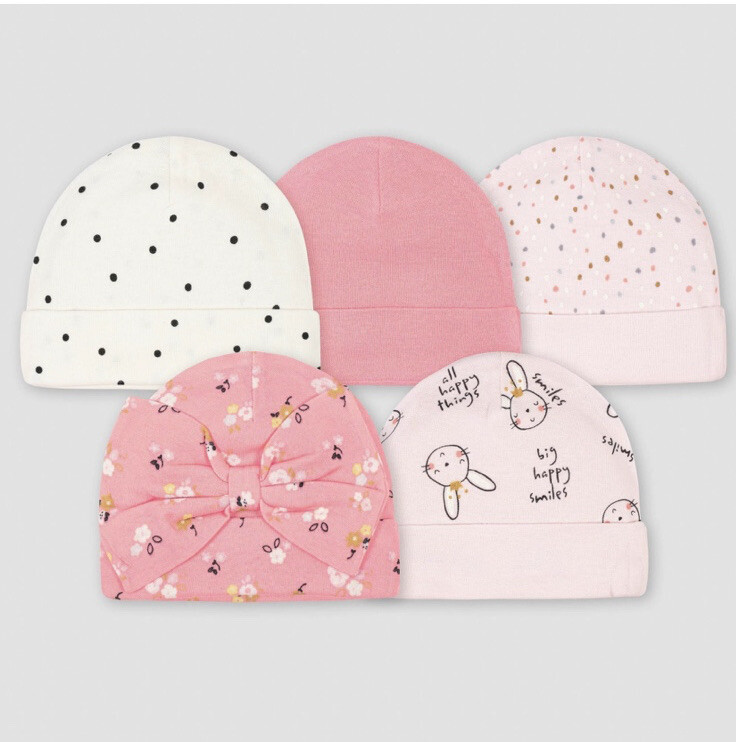 Gerber Baby Girls 5 Pack Caps Size 0-6 Months Brand New