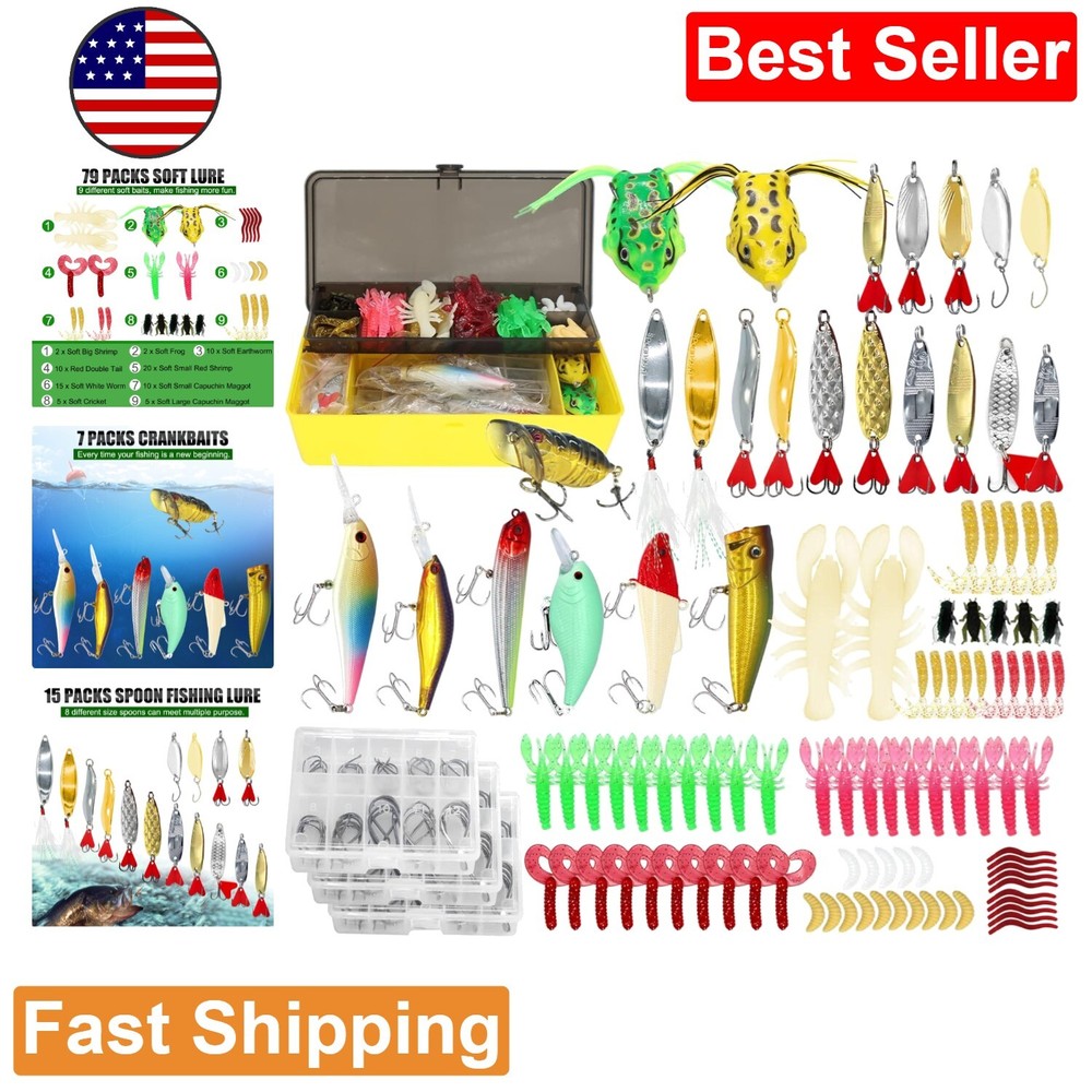 Premium Fishing Lures Kit - 301pcs - Spoon Lures, Soft Plastic Worms, Frog Lures