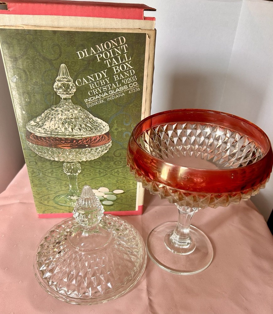 Indiana Glass Diamond Point Pedestal Candy Dish Ruby Band Crystal 0203 Vintage 1970s