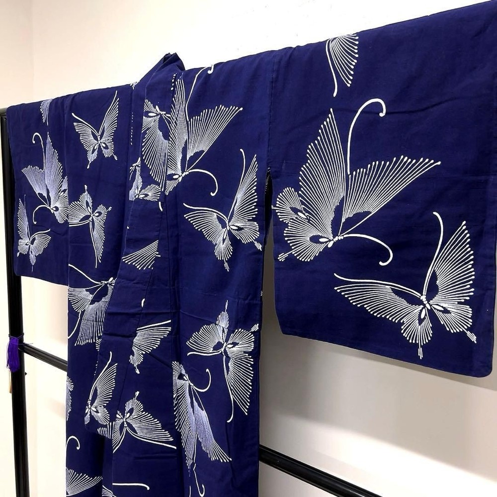 Indigo Dyed Yukata Butterfly Kimono 135cm (53in) Japanese Casual