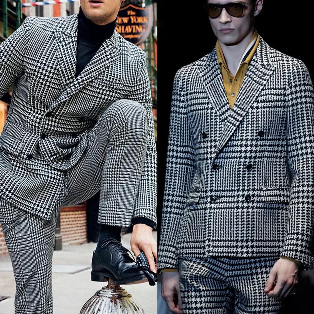 Plaid Checked Men Suit Regular Fit Formal Peak Lapel Houndstooth Double Breasted